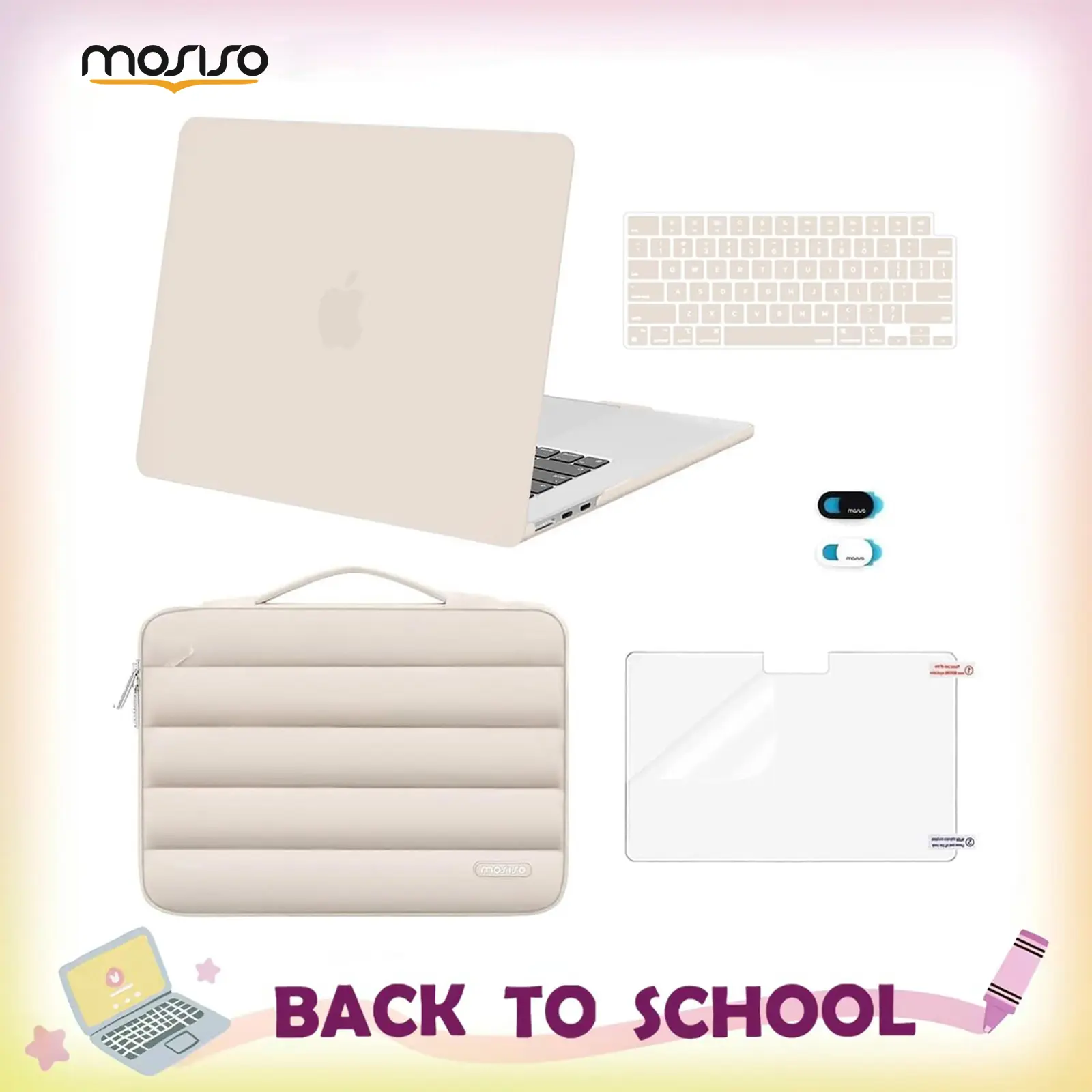 MOSISO Plastic Hard Shell Case Bundle for MacBook Air 15-in (M5 2026, M4 2025, M3 2024, M2 2023, A3448 & A3241 & A3114 & A2941) - Puffy Sleeve Bag, Keyboard Cover, Webcam Cover, Screen Protector for School & Commuting, Water Resistant, Solid, Flexible, Mu