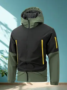Men's Stand Collar Windproof Mountain Jacket, Colorblock Hooded Zipper Fly Sweatshirt, Fall Winter Warm Running Ski Multi-Pocket Sport Coat, Hiking Jacket, Soft Shell Jacket, Outdoor Zipper Jacket, Athletic Outerwear, Zip Front Jacket, Athletic Jackets