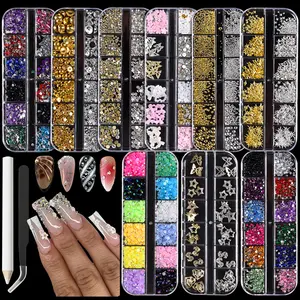 9 Boxes of Nail Gems , Nail Rhinestones Kit with D Charms for Nails, Colorful Clear Flatback Rhinestones, Multi Shape Pearls Jewels Crystals for Craft