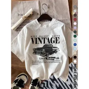 Vintage Car & Letter Print Round Neck Tee, Casual Short Sleeve Crew Neck T-shirt for Summer, Fashion Top for Daily Wear, Casual Breathable Top