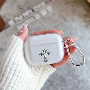 Elegant Cross Symbol Pattern Protective Case for AirPods 4/3/2/1/Pro/Pro2 Soft TPU Earphone Cover, Transparent with Keychain