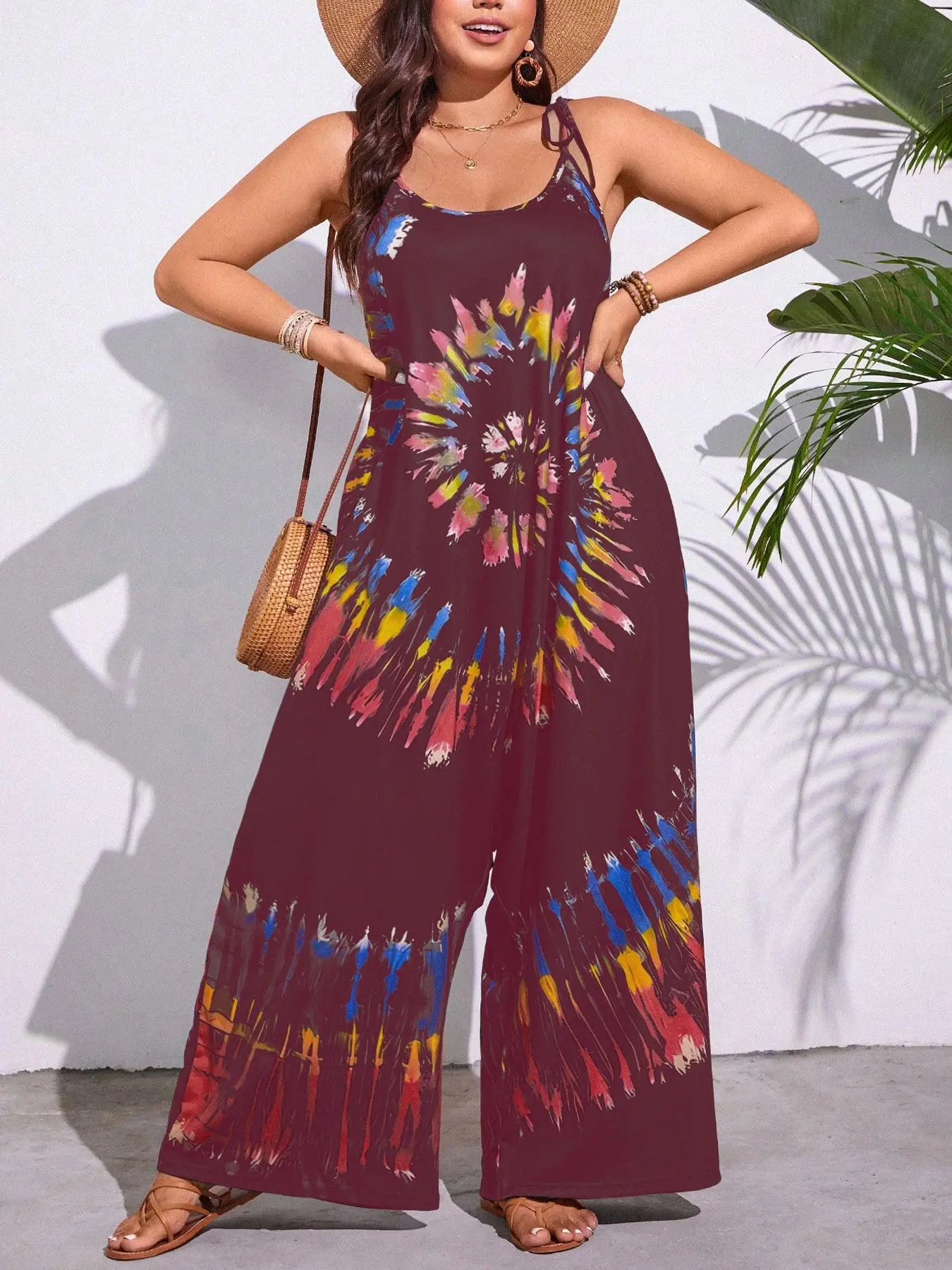 [Plus Size] Colorful Print Tie Shoulder Jumpsuit, Casual Bohemian Patchwork Print Sleeveless Jumpsuit for Summer, Women's Plus Clothing for Daily Wear, Overalls, Floral Print Jumpsuit, Floral Jumpsuits