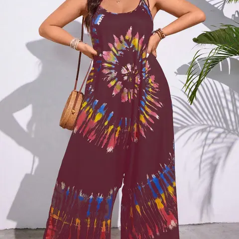 [Plus Size] Colorful Print Tie Shoulder Jumpsuit, Casual Bohemian Patchwork Print Sleeveless Jumpsuit for Summer, Women's Plus Clothing for Daily Wear, Overalls, Floral Print Jumpsuit, Floral Jumpsuits