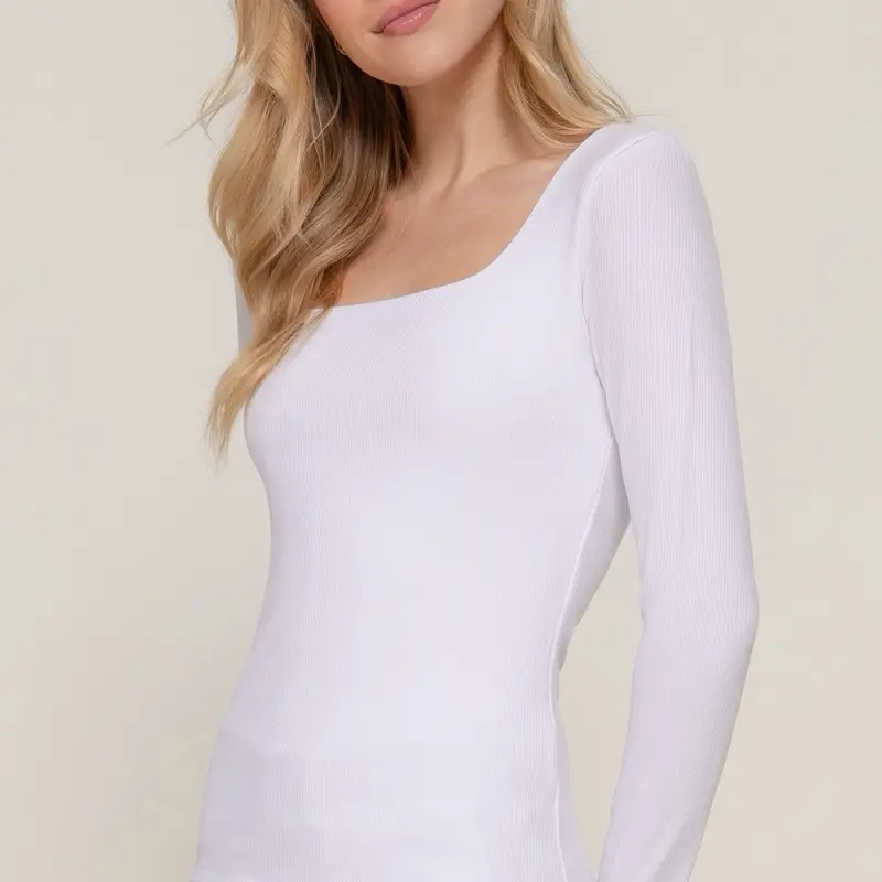 Long Sleeve Square Neck Double Layer Ribbed Knit Top for Women