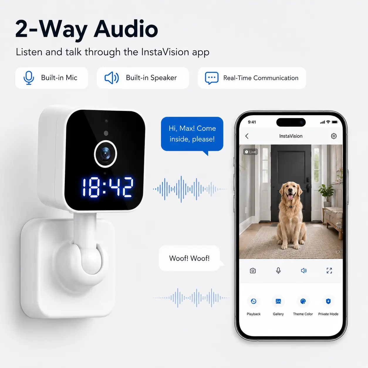 Orvin Smart Security MG5 Plug-In Indoor WiFi Security Camera with Digital Clock, Motion Detection, App Alerts, 2-Way Audio, Night Vision, MicroSD Recording – Home Baby & Pet Monitor