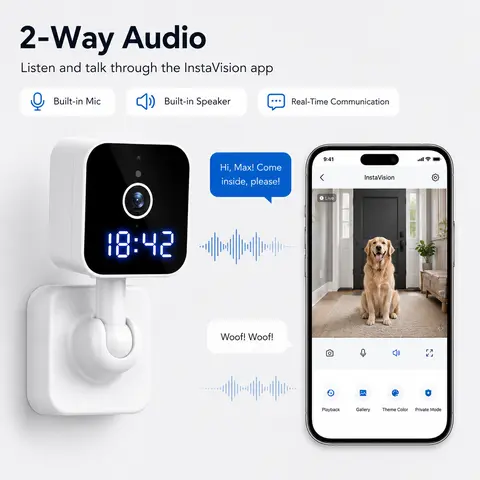 Orvin Smart Security MG5 Plug-In Indoor WiFi Camera with Digital Clock, Motion Detection, App Alerts, 2-Way Audio, Night Vision, SD Slot, Plug-In Power – Monitoring, Motion-Activated Security Cameras & Systems, Smart Home Gadgets, Home Baby Monitor
