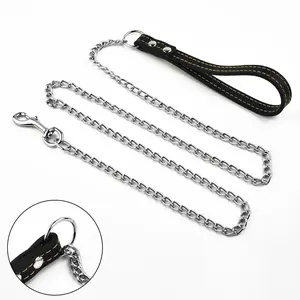 Metal Chain Dog Lead with Leather Style Handle Strong Control Leash Iron Dog Pets Supplies Collars Harnesses Chain Traction Rope No Tangle Leash