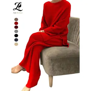 Women's Solid Color 2-Piece Knit Sweater Set, Long-Sleeve Loungewear for Fall/winter, Casual Loose Fit Design