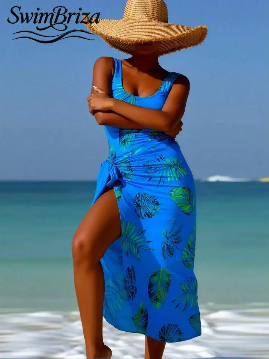 Briza｜Sleeveless Tankini Swimsuits Set In Bright Blue Tropical Leaf Print With Wrap Skirt, A Tankini For Women And Tankini Swimsuit For Women That Doubles As Vacation Swimwear For Women And Bathing Suit Women Set For Beach Confidence