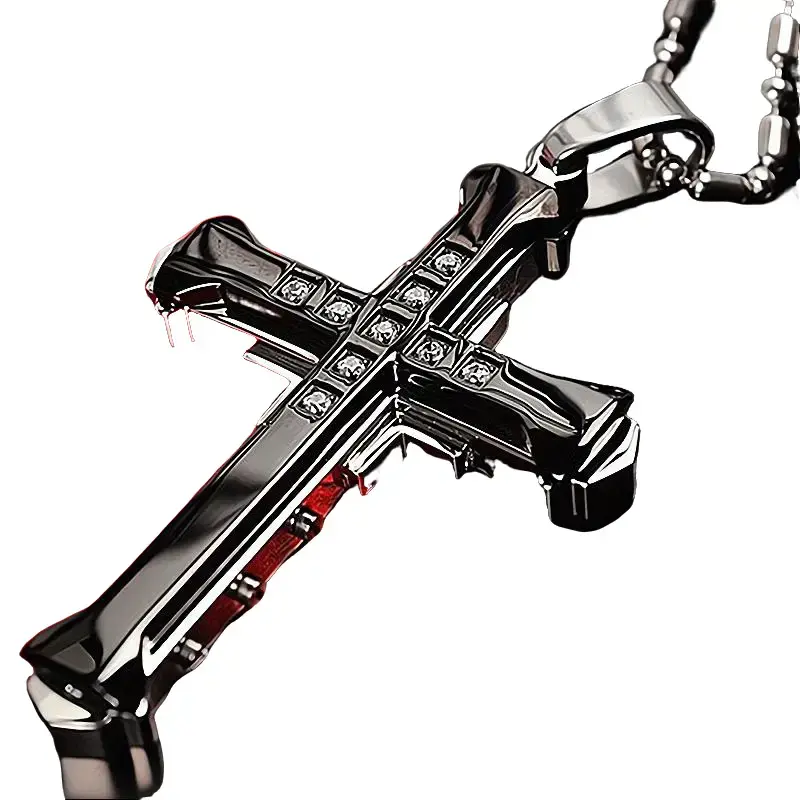 Unisex Elegant Rhinestone Cross Pendant Protective Necklace with Adjustable PU Leather Crossbody Strap, Cool Classic Design, Holiday Gift Party Accessory
