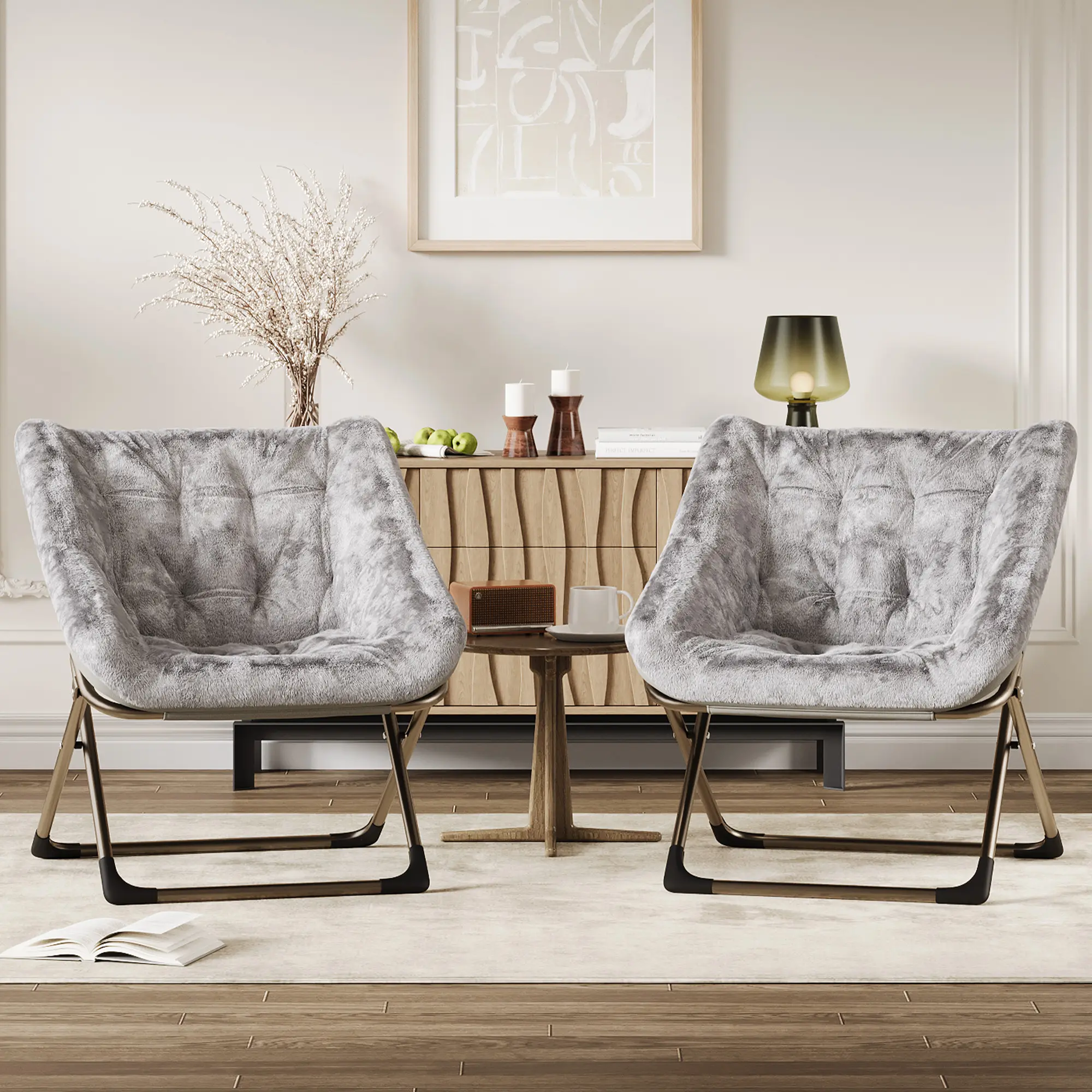 【GARVEE】Comfy Collapsible Saucer Chair – Soft Faux Fur Accent Seating, Sturdy Metal Frame, 300LB Capacity, No Assembly Needed, Perfect for Bedroom, Living Room, Dorm, Small Spaces – White or Grey