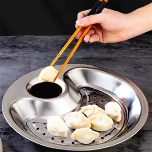 Stainless Steel Dumpling Plate, Household Dinner Plate, Round Tray, Creative Multi-Use Drainage Meal Plate, Fruit Plate