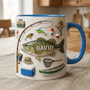 Custom Name Fishing Coffee Mug, 2D Printed 3D Effect Fishing Lures Accent Mug, Personalized Angler Coffee Cup for Fisherman Dad Grandpa and Fishing Lovers, Rustic Lake Style Mug for Outdoor Enthusiasts, Perfect Father’s Day Birthday Gift