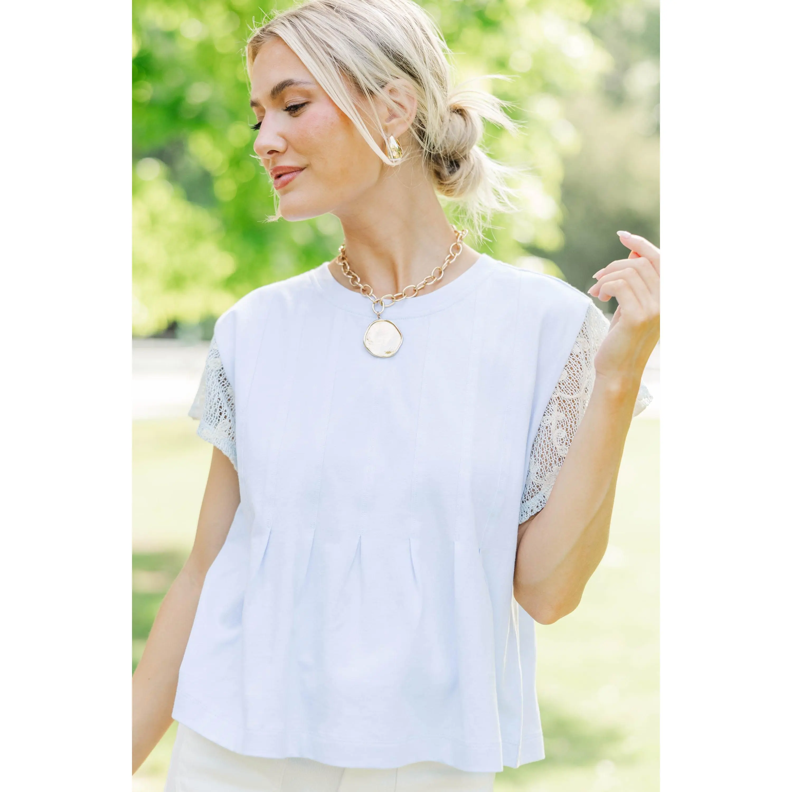 Always Classic Light Blue Crochet Peplum Top