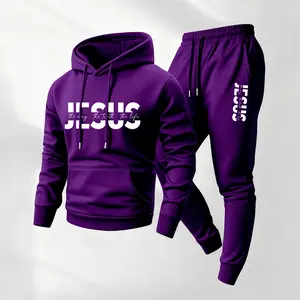 Men's Jesus Patterned Hoodie And Drawstring Track Pants Set, Men's Casual Athletic Long-Sleeved Hooded Jacket And Pants, Suitable For Fall And Winter, Street Style Hoodie Set, Everyday Wear, Indoor And Outdoor Sportswear