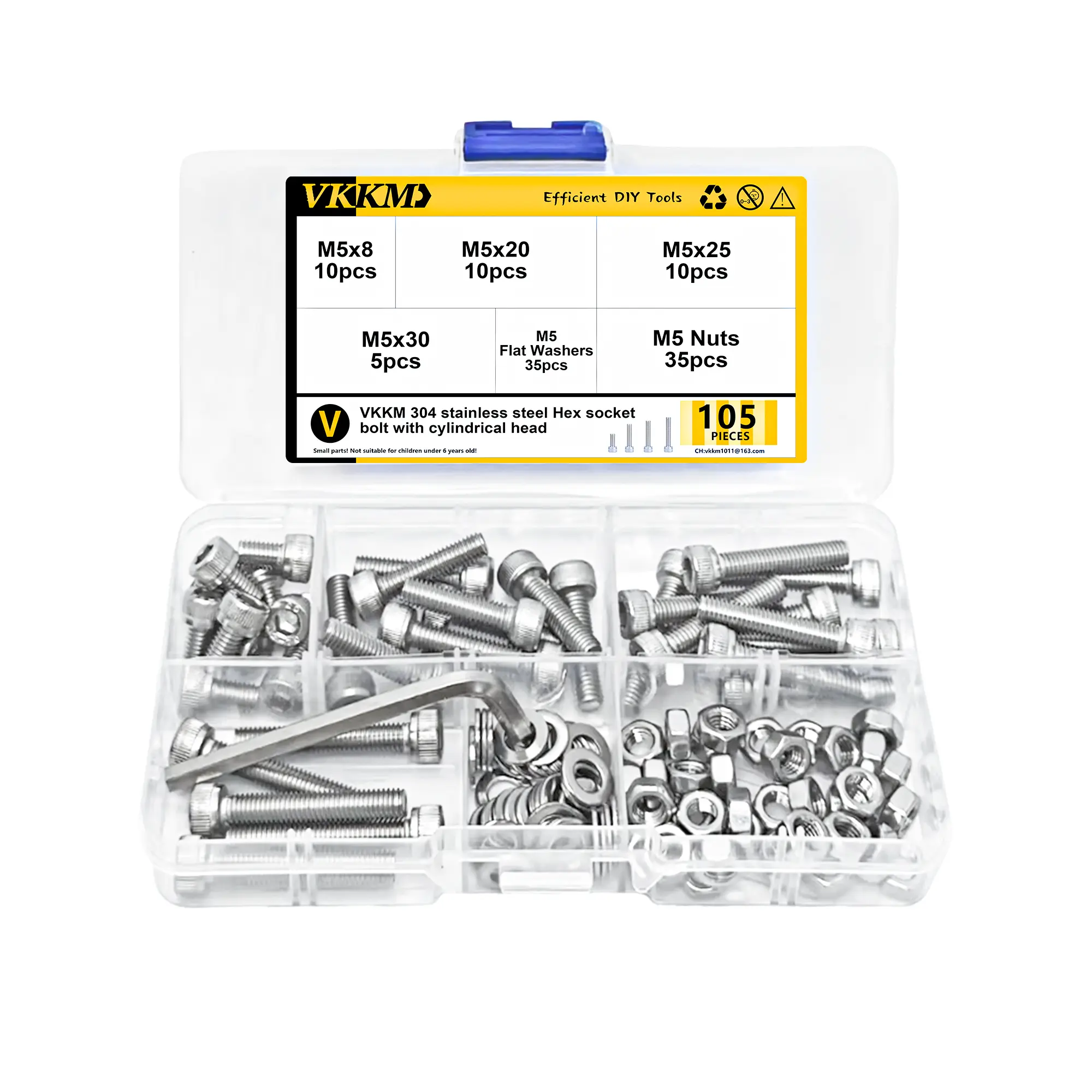 VKKM 105Pcs M5 Socket Head Cap Screws Assortment Kit, 304 Stainless Steel Metric Hex Cap Bolts with M5 Hex Nuts Flat Washers & Allen Wrench, 4 Sizes M5x8/20/25/30 Machine Fasteners for Metal Wood Plastic Machinery DIY Repair