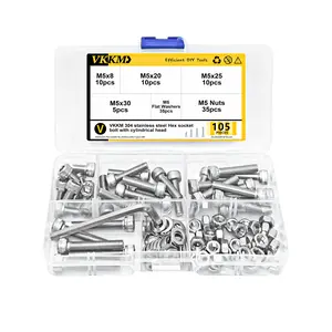 VKKM 105Pcs M5 Socket Head Cap Screws Assortment Kit, 304 Stainless Steel Metric Hex Cap Bolts with M5 Hex Nuts Flat Washers & Allen Wrench, 4 Sizes M5x8/20/25/30 Machine Fasteners for Metal Wood Plastic Machinery DIY Repair