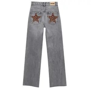 Men’s American retro leopard-print star jeans — new streetwear, loose fit, wide-leg, casual and versatile, made from cotton denim