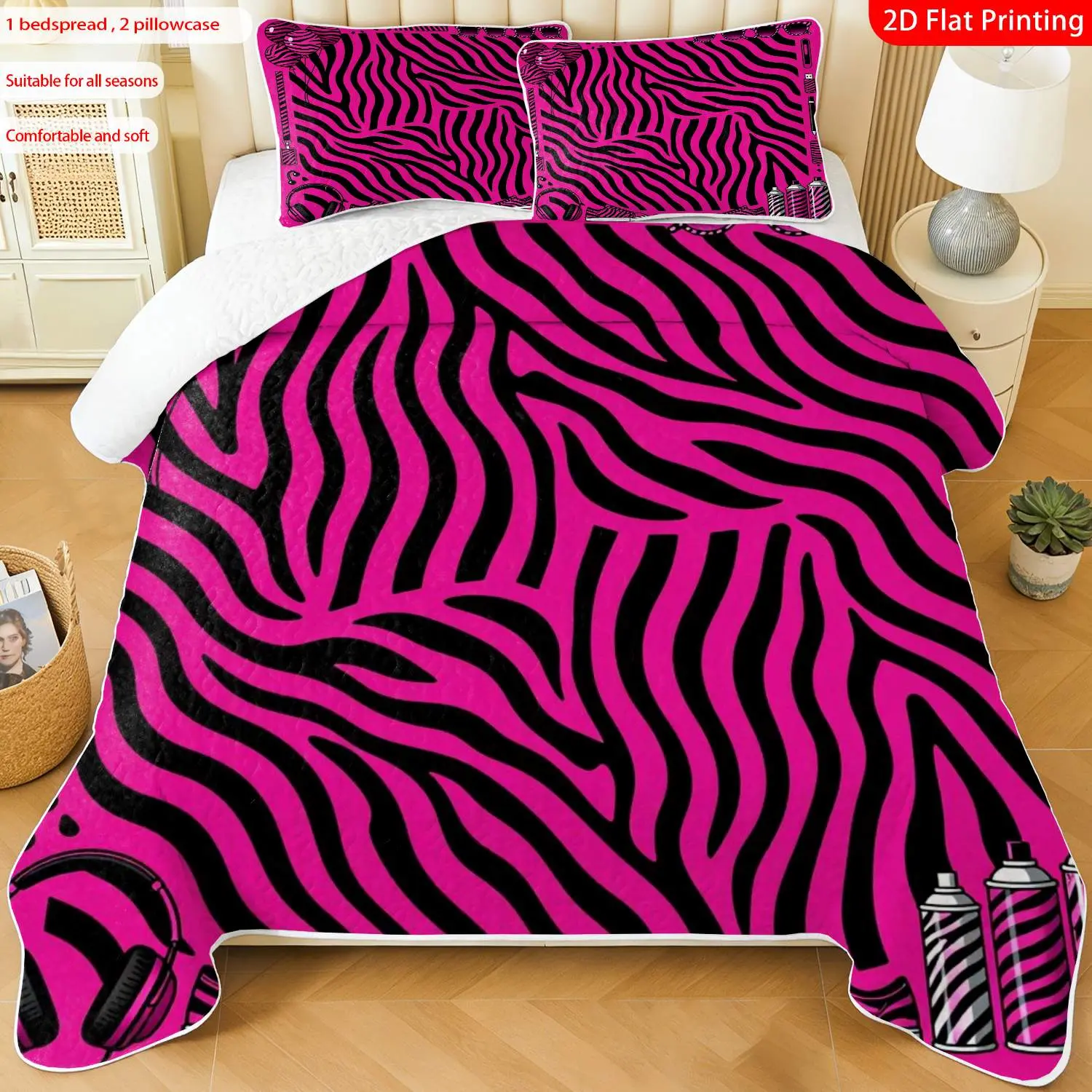 3pcs, 2D flat print Zebra stripe bed cover set, Pink black animal print, multiple sizes available, bedding set, festive decorative bedding, ideal for bedroom décor(1 bedspread , 2 pillowcase)