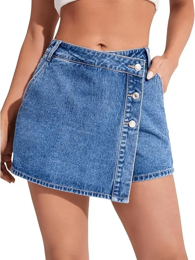 Women's High Waisted Stretch Denim Skort - Casual Fit A-Line Wrap Front Mini with Side Buttons, Vintage Medium Wash for Halloween, Wedding, Thanksgiving, Elastane, Above Knee, Bottoms, Casual Skirt, Skirts, Slim-Fit, Fitted
