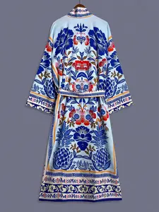 Boho Beach Blue Floral Print Kimono Cardigan, Long Sleeve Thin Coat for Women, Elegant Streetwear Casual Cover-Up Jacket