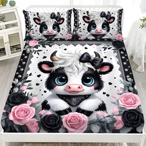 Fitted sheet and pillowcase set (3 pieces), Decorative bedding set - 2D Flat Printing Pink and Black Rose Cow Patterned mattress protector set in ten sizes (1 fitted sheet + 2 pillowcases, without inserts), suitable for home bedrooms