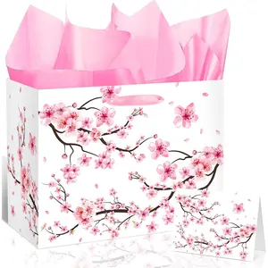 Large Cherry Blossom Gift Bag with Tissue Paper and Card Sakura Pink Gift Bags Floral Wrapping Paper Flower Cherry Blossom Party Decorations for Girls Women Birthday Bridal Shower Party Supplies
