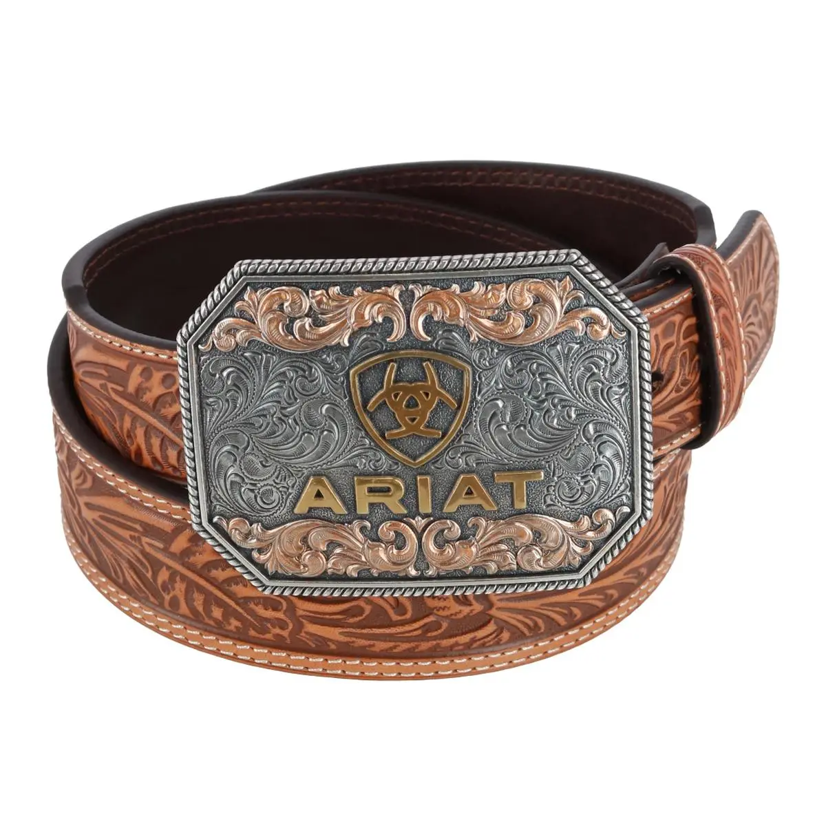 Ariat Men's Western Belt, Tooled Floral Leather Strap with Removable Medallion Buckle, 1 5/8-Inch Tapered