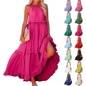 Maxi Dresses for Women 2025 Halter Neck Sleeveless Tiered Long Dress Flowy Comfy Smocked Ruffle Beach Sundresses