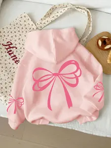 Bow Print Graphic Drawstring Hoodie Sweatshirt for Women, Casual Long Sleeve, Soft Breathable, Trendy and Comfortable, Perfect for Daily Commute