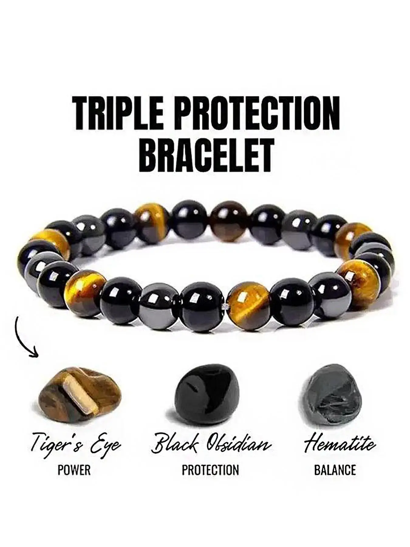 Triple Protection Bracelet, Lucky Bracelet, Brings Good Luck and Prosperity, Hematite, Obsidian, Tiger Eye Stone, Natural Stones, versatile design, Elastic Material, suitable for any time, self-healing jewelry, gift for friends, Mens Bracelet Tige