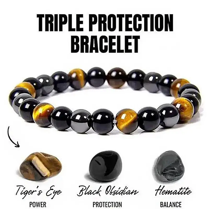 Triple Protection Bracelet, Lucky Bracelet, Brings Good Luck and Prosperity, Hematite, Obsidian, Tiger Eye Stone, Natural Stones, versatile design, Elastic Material, suitable for any time, self-healing jewelry, gift for friends, Mens Bracelet Tige