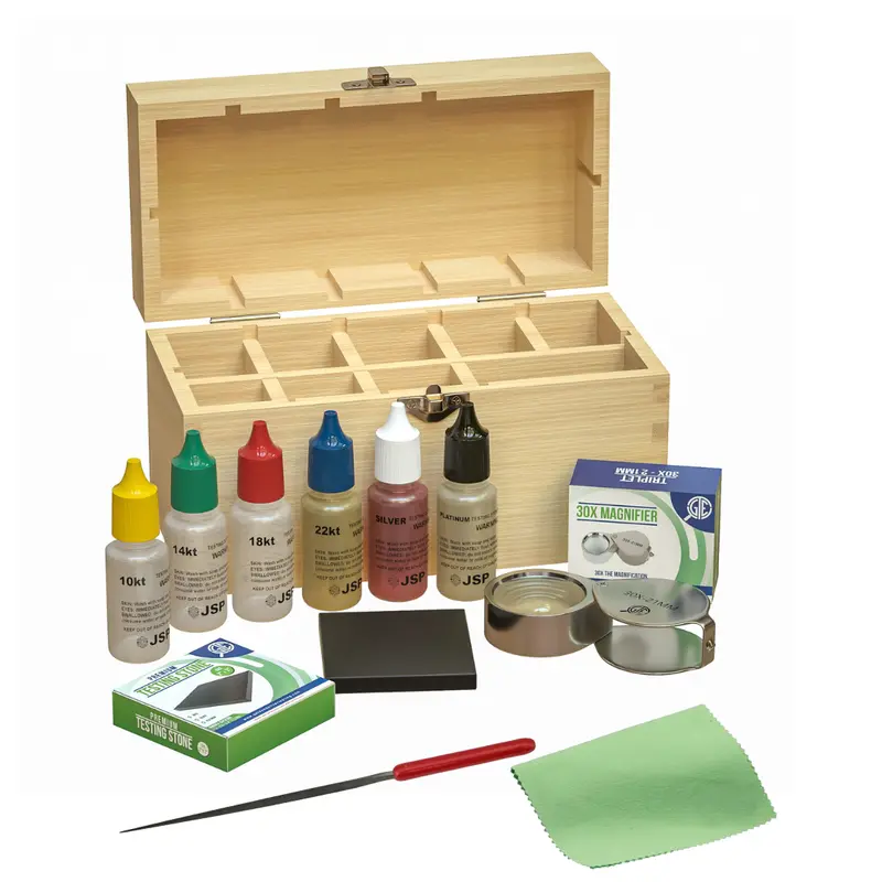 Gold, Silver, & Platinum Testing Kit 10K-24K Acids Magnifier Cloth & Bamboo Storage Box JSP & GTE 0
