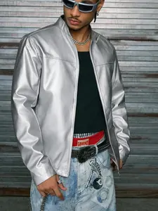 Men's Zipper PU Leather Party Jacket, Silver Color Fashion Reflective Long Sleeve Motorcycle Jacket, Stylish Carnival Coat, Street Fashion Outerwear