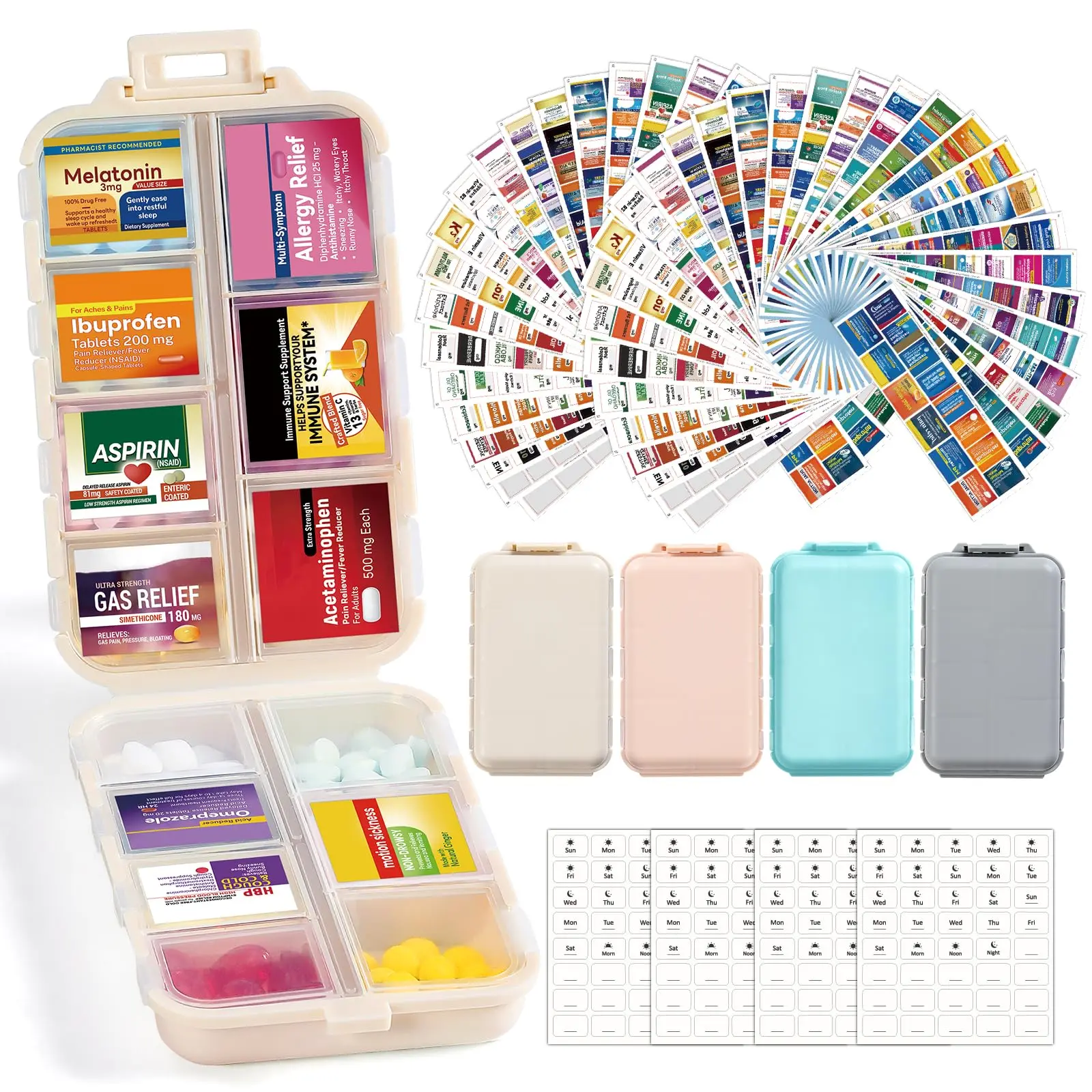 14-Grid Portable Vitamin Organizer - Pocket Daily Reminder Case with 415 Pcs Labels, Supplement & Pill Holder, Healthcare Medication Dispenser Kit, Supplement Organizer