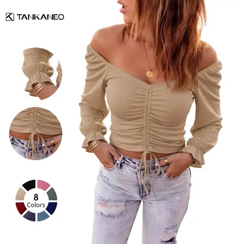 Tankaneo Womens Crop Tops Off Shoulder Ruched Ruffle 3/4 Sleeve V Neck Shirts Sexy Summer Blouse