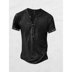 Men'S Retro Henley Shirt, Distressed Short Sleeve Tee  Washed Casual Button T-Shirt