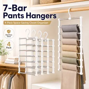 4-Pack Closet Pants Hangers - 8-Bar Multi-Layer Foldable Space-Saving Organizer for Jeans, Slacks