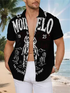 Men's Short-Sleeve Shirt - Flat Digital Print Pattern - No Texture - Cowboy Riding Skull Cactus Design, Fashionable and Simple Short Sleeve, Button-Down, Casual Collar Shirt, Stylish and Versatile, Suitable for Dates, Beach Vacations, a Perfect Gift for M