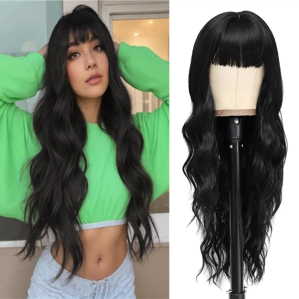【Budget Friendly Wigs】, Elegant Black Curly Wig with Bangs Long Wavy Synthetic Hair, Curly Texture Lightweight Manageable, Perfect Womens Gifts for Daily Wear & Parties