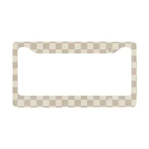 Brown Beige Checkerboard License Plate Frame Neutral Aesthetic Car Accessories Checkered Car Decor Minimalist Custom Car Tag Trendy Auto Accessories Gift for Women Men