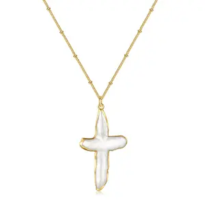 Pearl Cross Necklace for Women Freshwater Natural Chunky Baroque Pearl Necklaces Big Gold Plated Cross Necklace Christian Gifts Trendy Jewelry