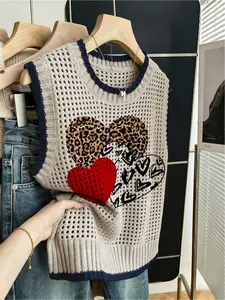 Spring/Summer vacation bohemian casual loose crew neck sleeveless hollow-out color-block trim khaki leopard heart print women's knitted top, Knitwear, summer bikini cover-up, knitted cardigan, Knitting