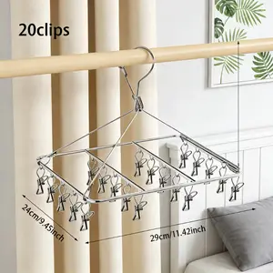 Stainless Steel Socks Drying Rack with 20 Clips, Rotating Hook Windproof Clothes Hanger, Ideal for Socks Underwear Panties Laundry Accessories, Multifunctional Clothes Hanger