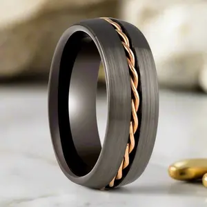 ROSIUM | Gunmetal Tungsten Ring, Rose Gold Rope Inlay, Domed