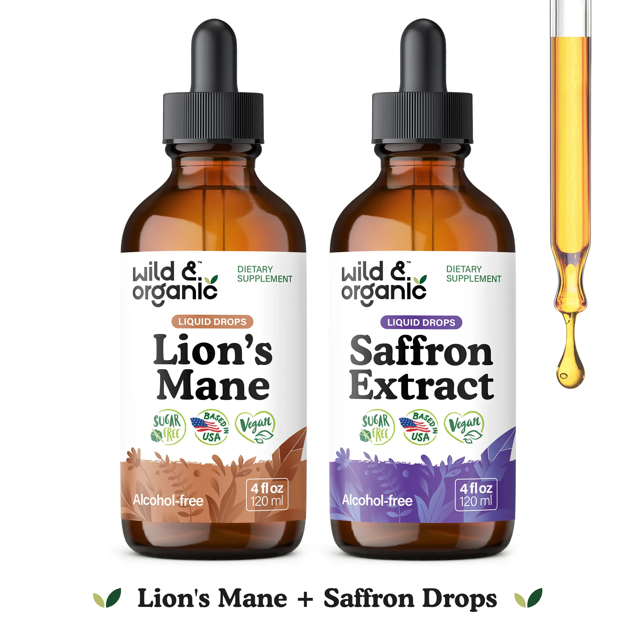 Wild & Organic Ultimate Brain Power Duo: Lion's Mane for Cognitive Support,  Saffron for Mood Balance, Vegan, Sugar & Alcohol-Free, Natural Formula