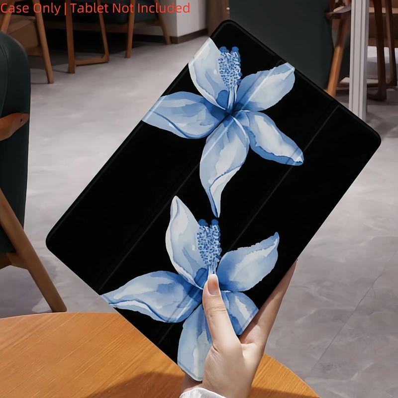 Blue Flower Tri-Fold Flip Cover Stand with Pen Holder and Anti-Drop Tablet Case for iPad Air 4th/Air 5th (10.9-Inch), 7/8/9th (10.2-Inch), 5th/6th, Air 1st/Air 2nd (9.7-Inch), Air 3rd (10.5-Inch), Pro (11-Inch), 10th Generation