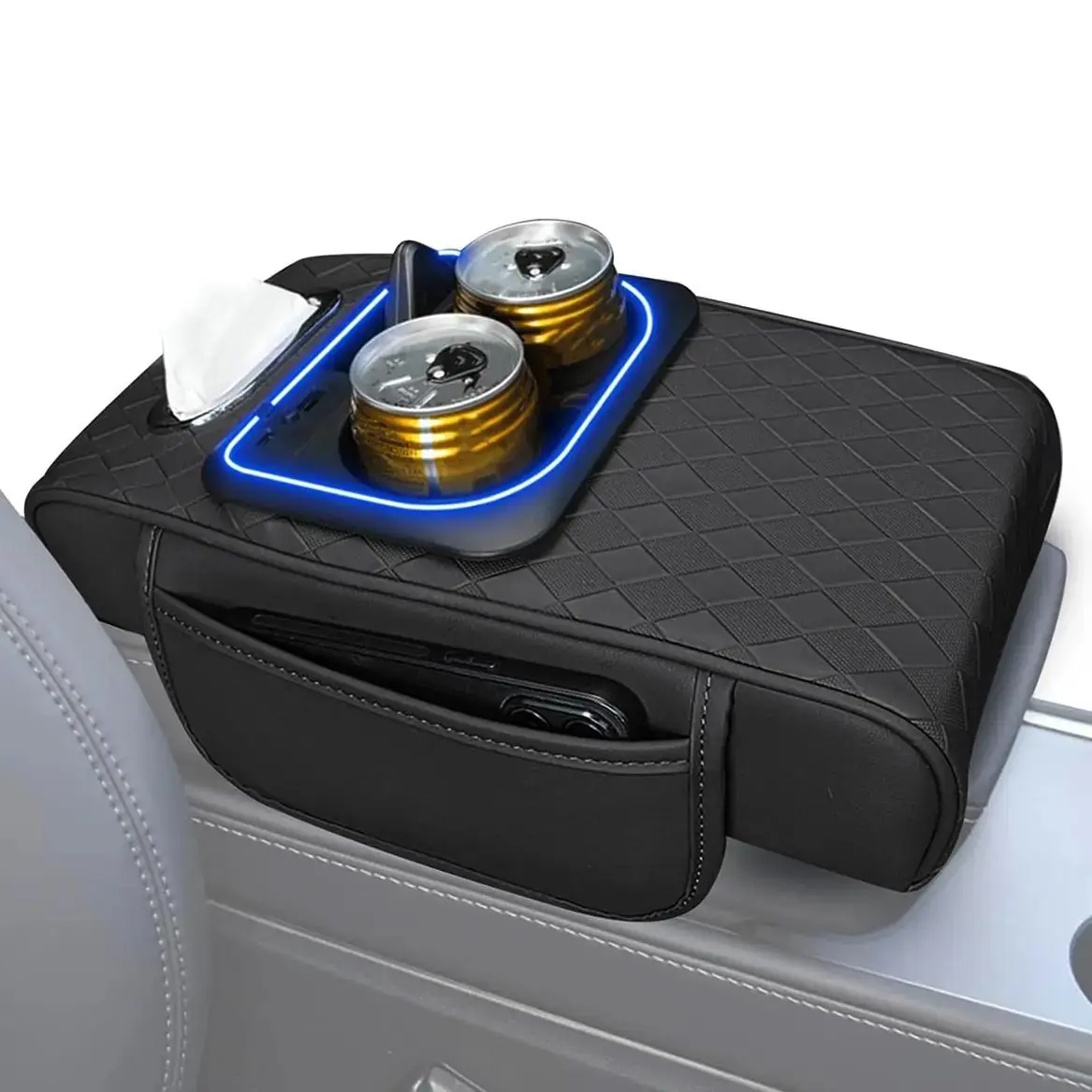 6 in 1 Thickned Car Armrest Box Height Increasing Pad, Multifunctional Storage Box with Tissue Holder, Cup Holder, RGB Ambient Light, Type-C Connector,Usb Charging Port (Black)
