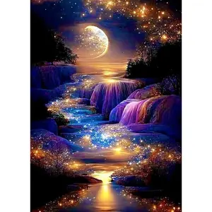 Adult 5D Diamond Painting Kit, Moonlight Waterfall DIY Full Round Drill Landscape, Home Wall Decor, 12x16 Inches, Includes Diamond Stickers