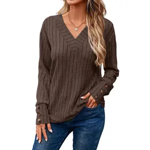 Dokotoo Womens Soft Long Sleeve V Neck Shirts Solid Casual Decorative Buttons Knitted Pullover Tunic Tops